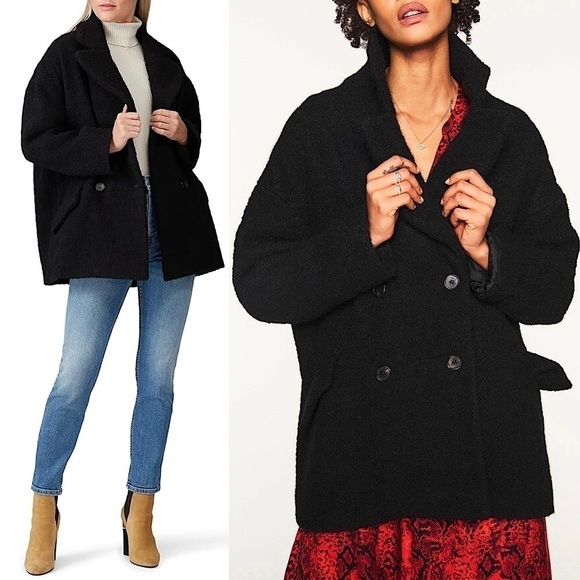 BA&SH Wool Alpaca Double Breasted Black Faux Fur Sherpa Fleece Teddy Pea Coat S - Picture 1 of 16